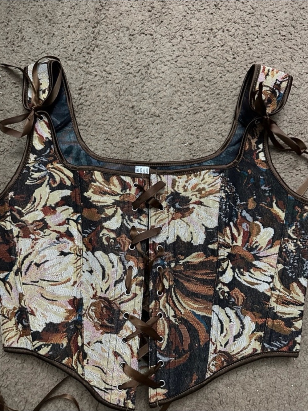 Floral Lace-Up Corset Tank Top - Brown Multi